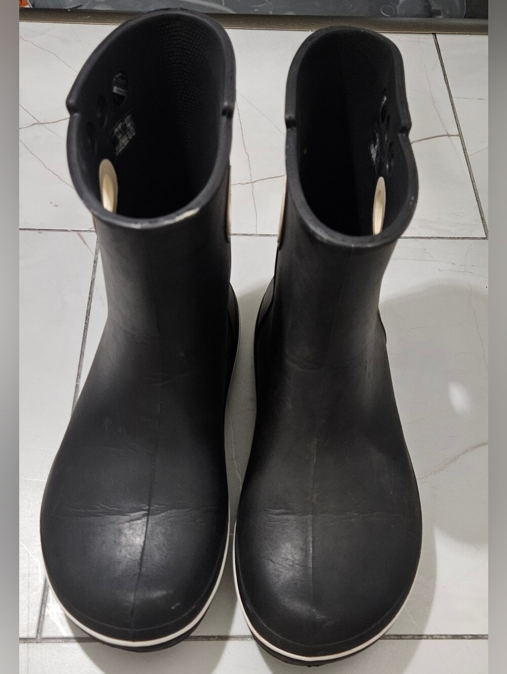 CROCS Women's Black Rain Boots with White Trim